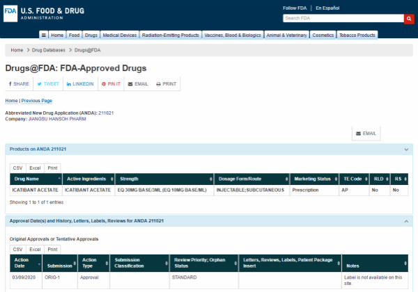 Hansoh Pharma's Icatibant Injection Approved by FDA for Marketing